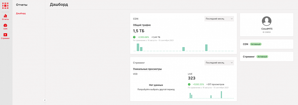 Окно статистики CDN-сети от CloudMTS